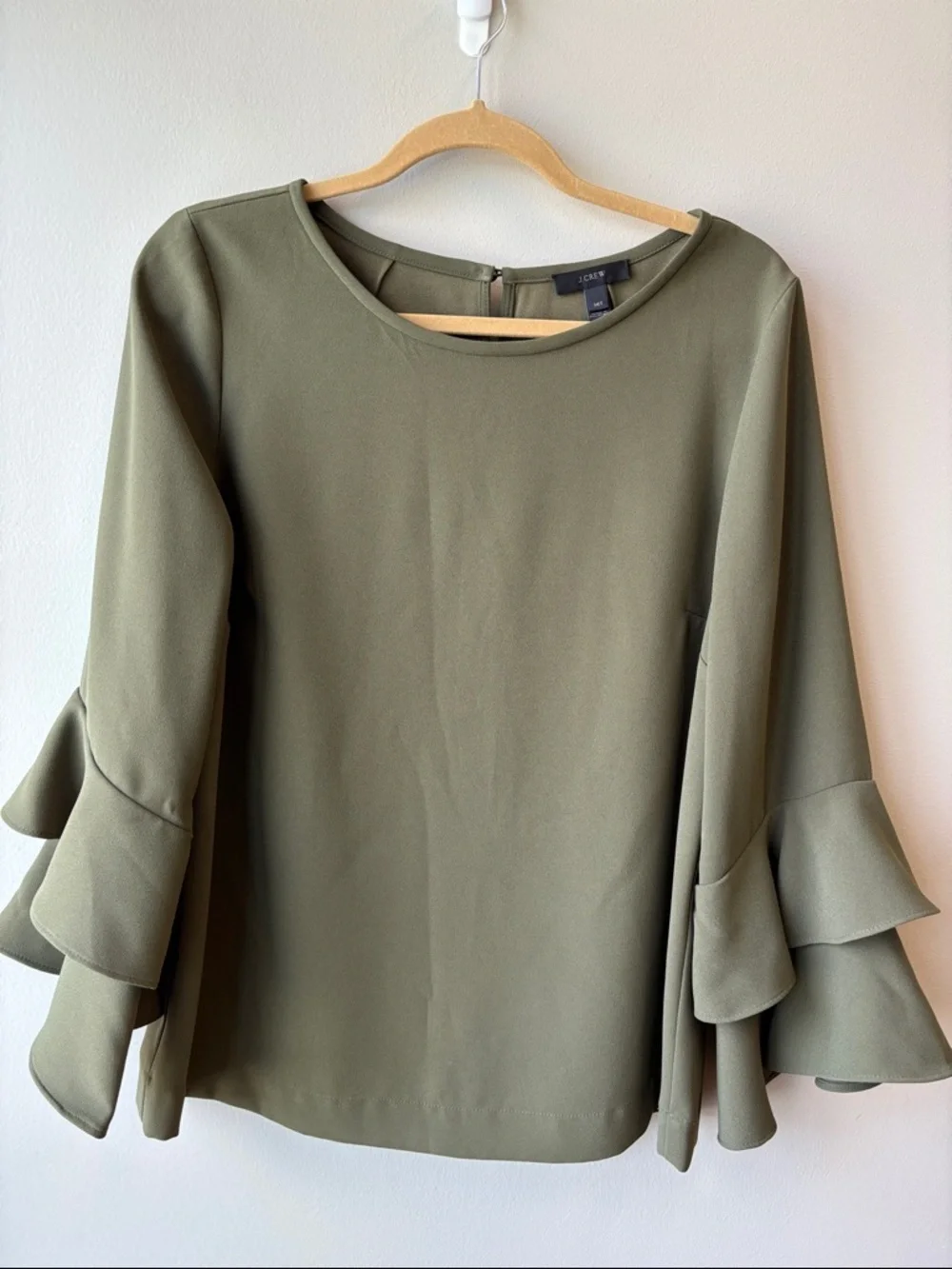 J. Crew Olive Tiered Ruffle Sleeve Blouse